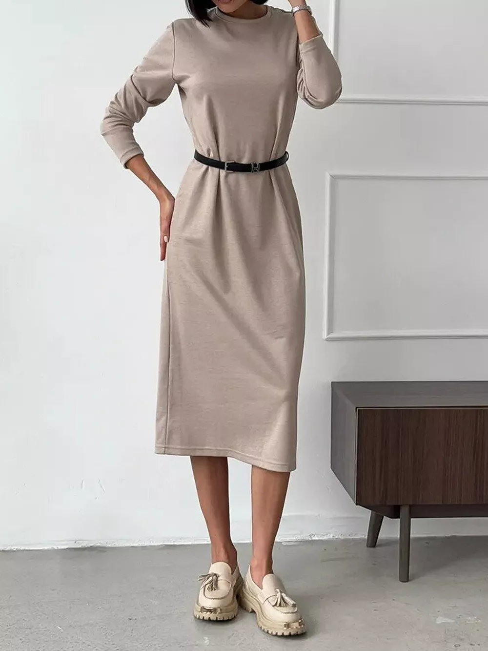 Round Neck Long-Sleeve Midi Dress, image 12