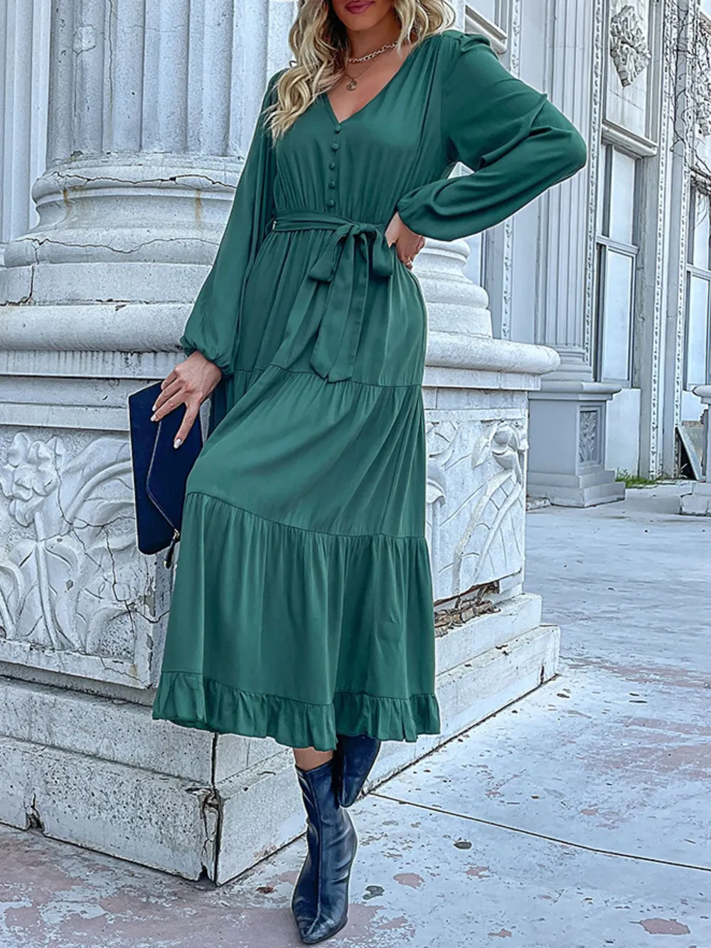 Ruffled Hem V-Neck Balloon Sleeve Dress, image 15