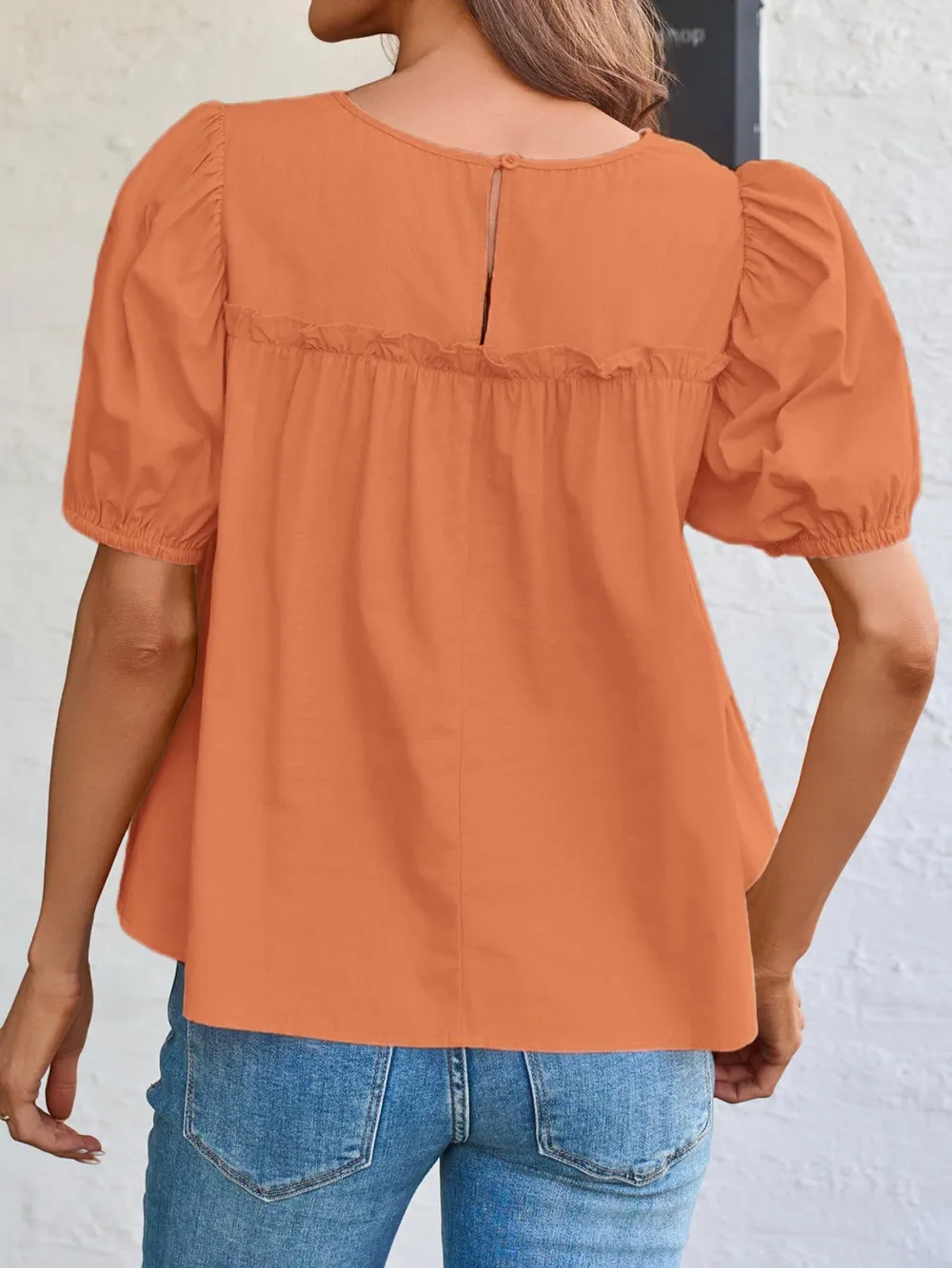 Tiered Round Neck Puff Sleeve Ruched Blouse, image 12