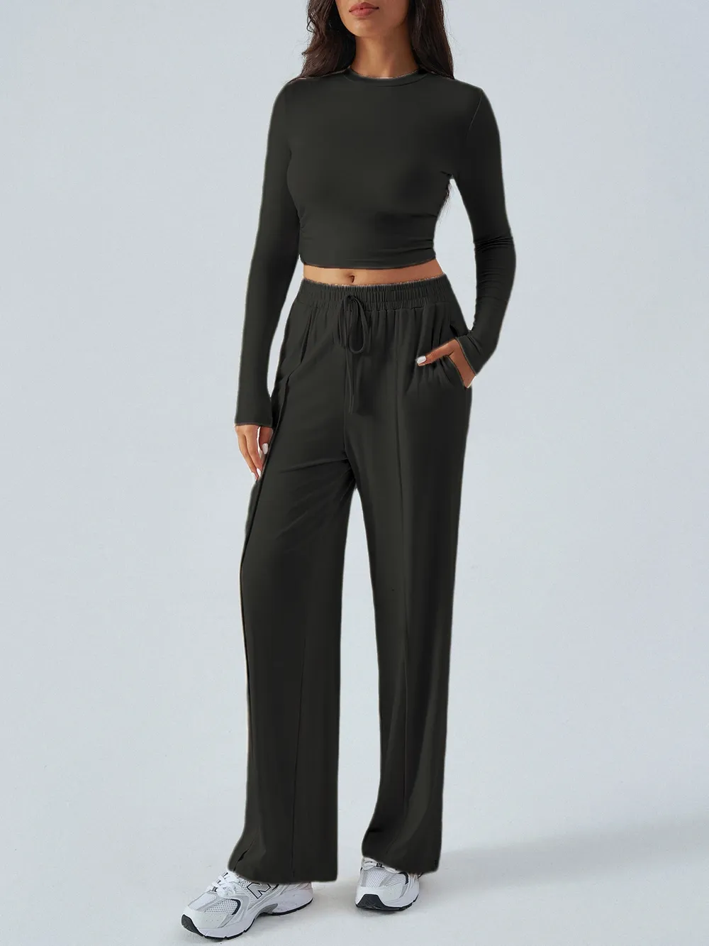 Round Neck Long Sleeve Top and Pants Set, image 2