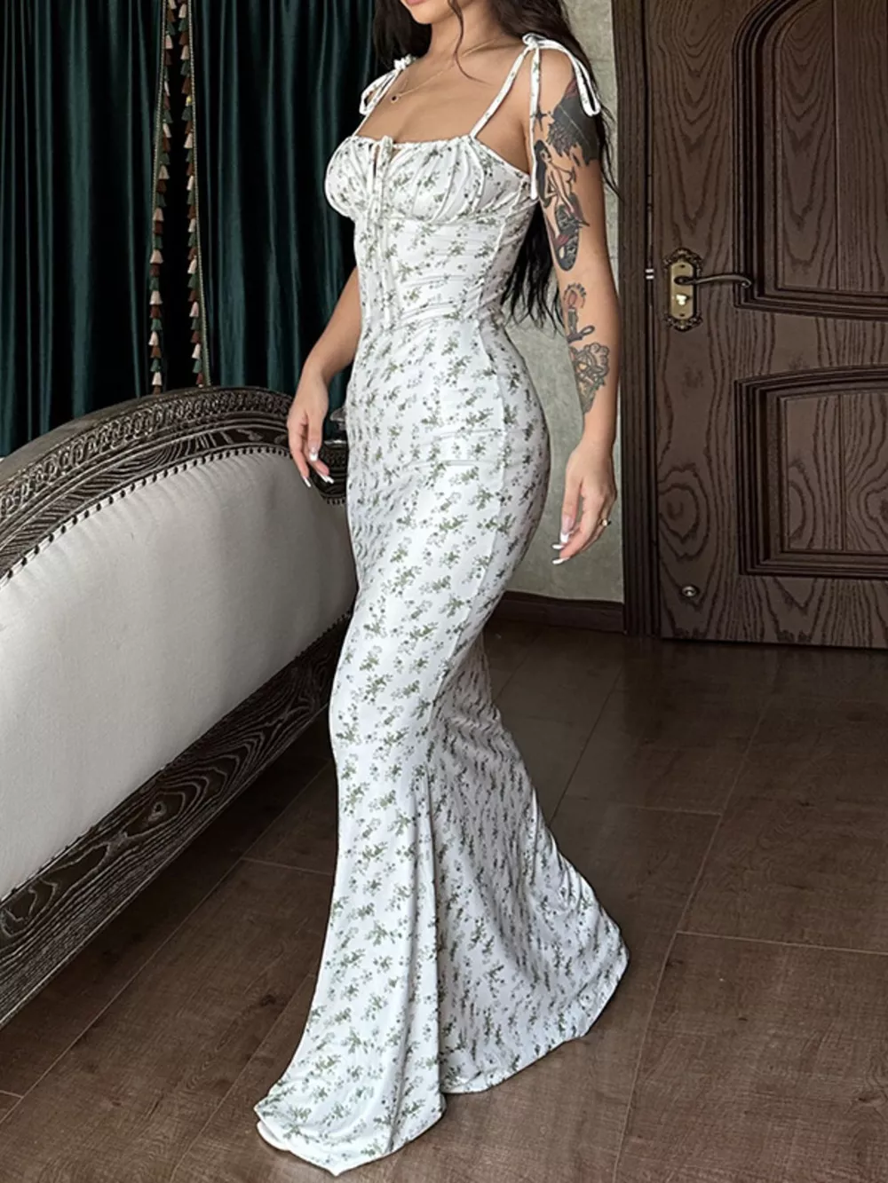 Floral Print Tie Strap Bodycon Maxi Dress, image 4