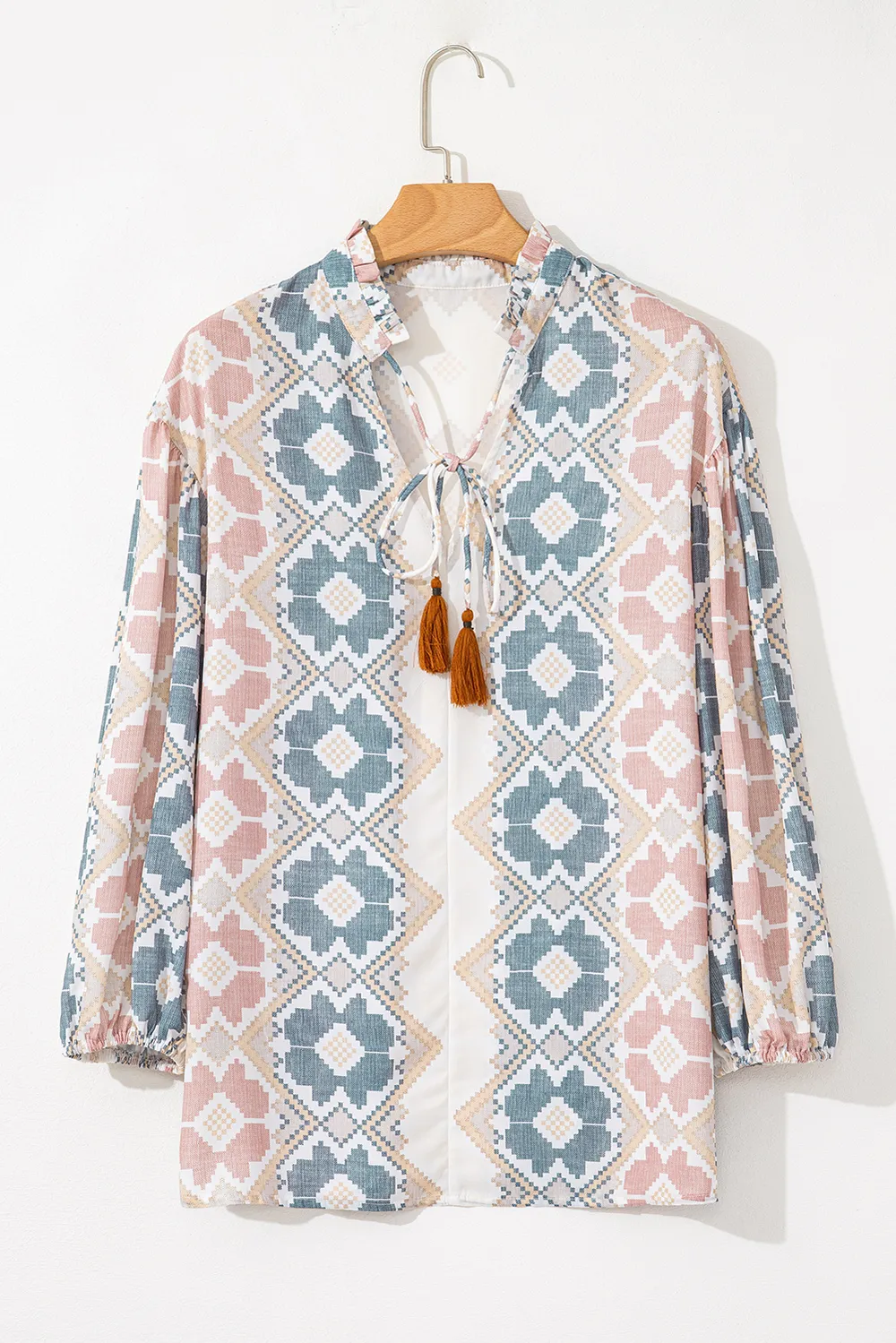Tassel Tie Neck Balloon Sleeve Blouse, image 4