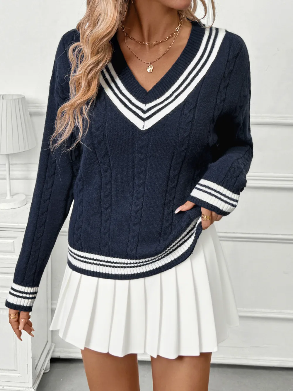 Contrast Striped V-Neck Sweater, image 5