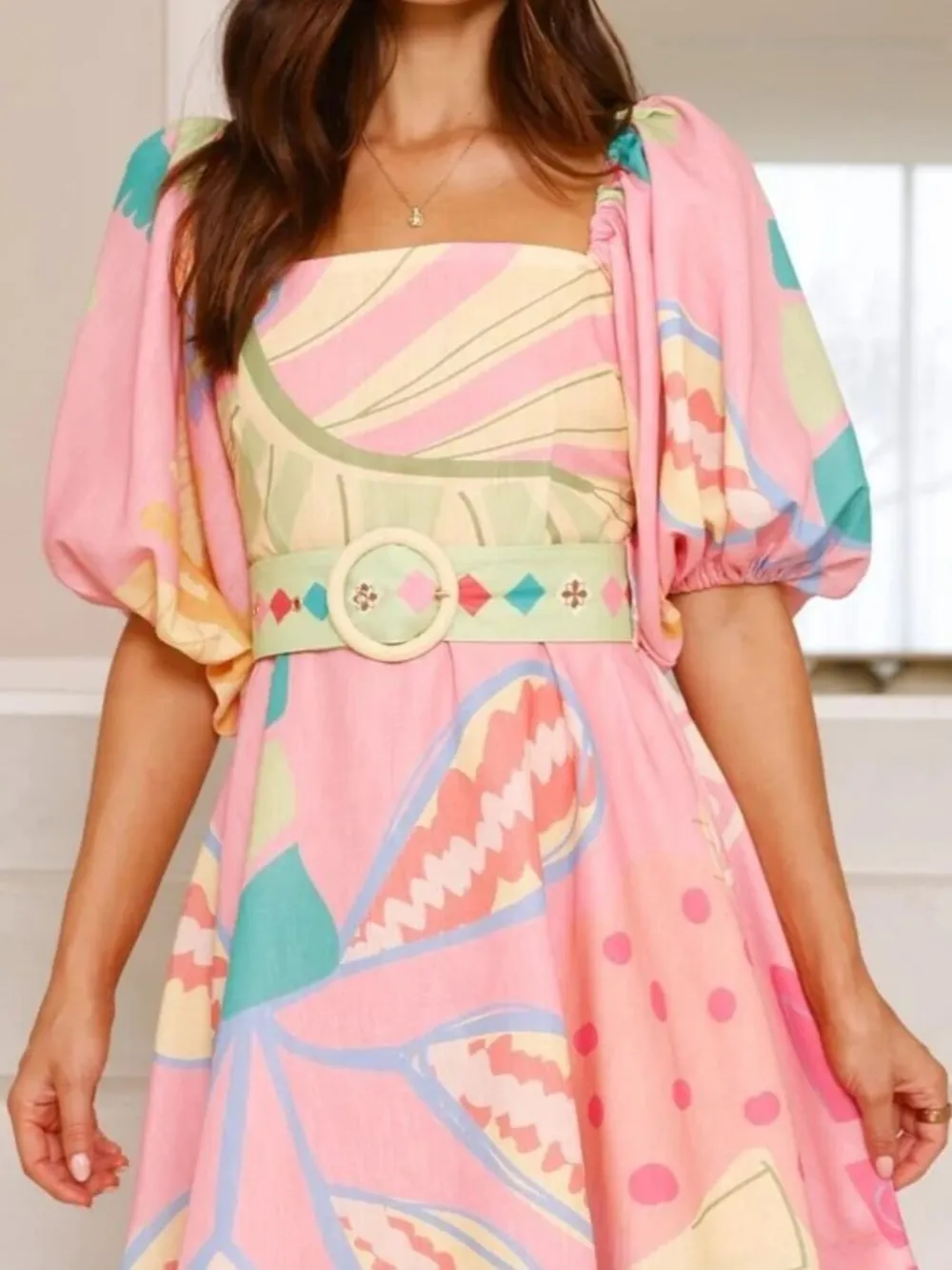 Printed Square Neck Puff Sleeve Dress, image 2