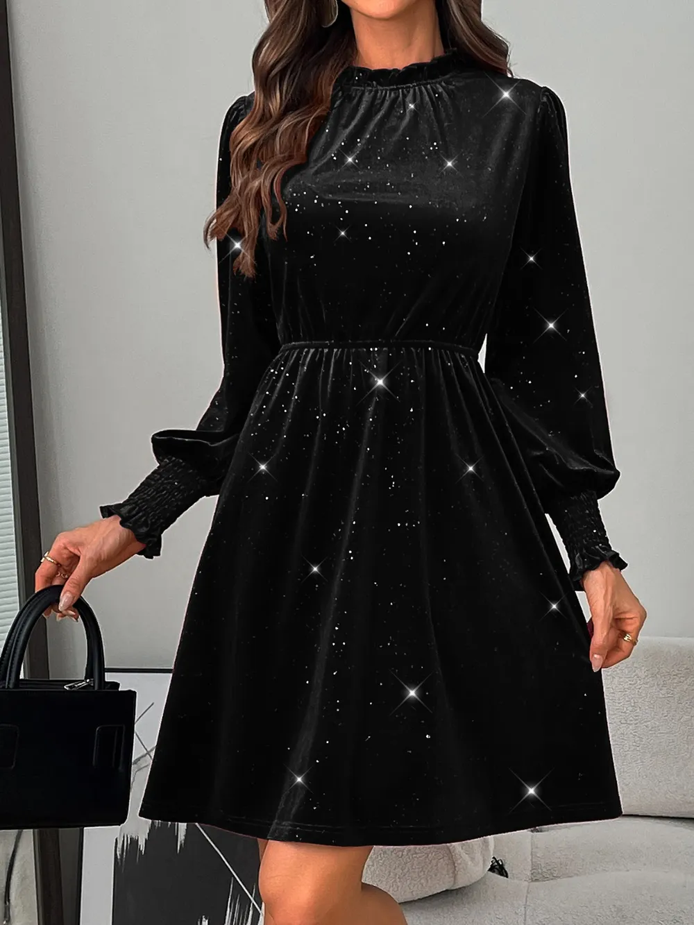 Glitter Mock Neck Long Sleeve Mini Dress, image 9