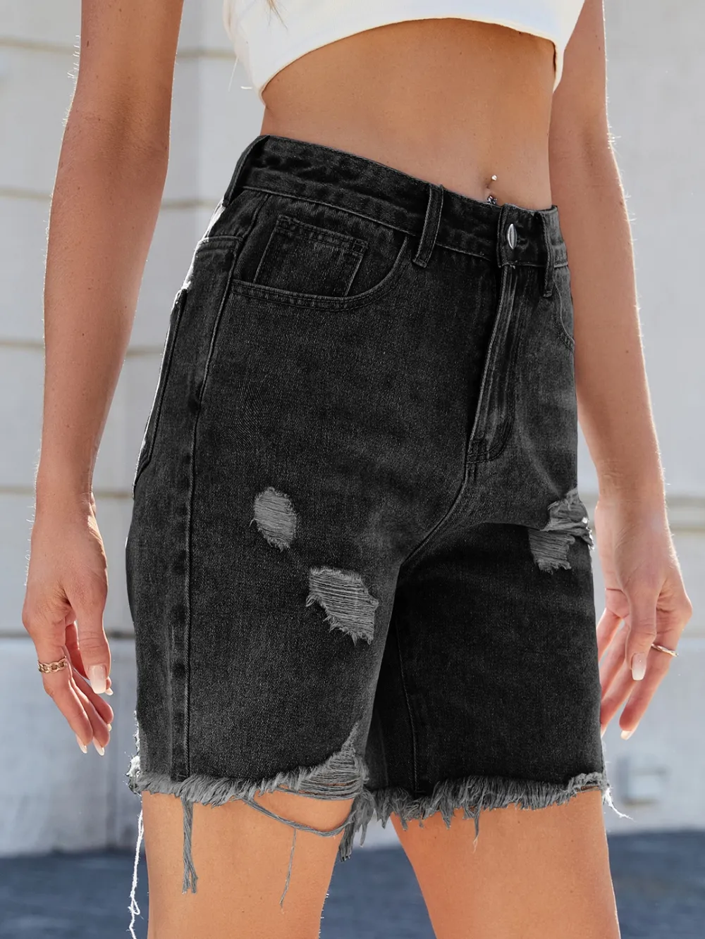 Distressed Raw Hem Denim Shorts, image 6