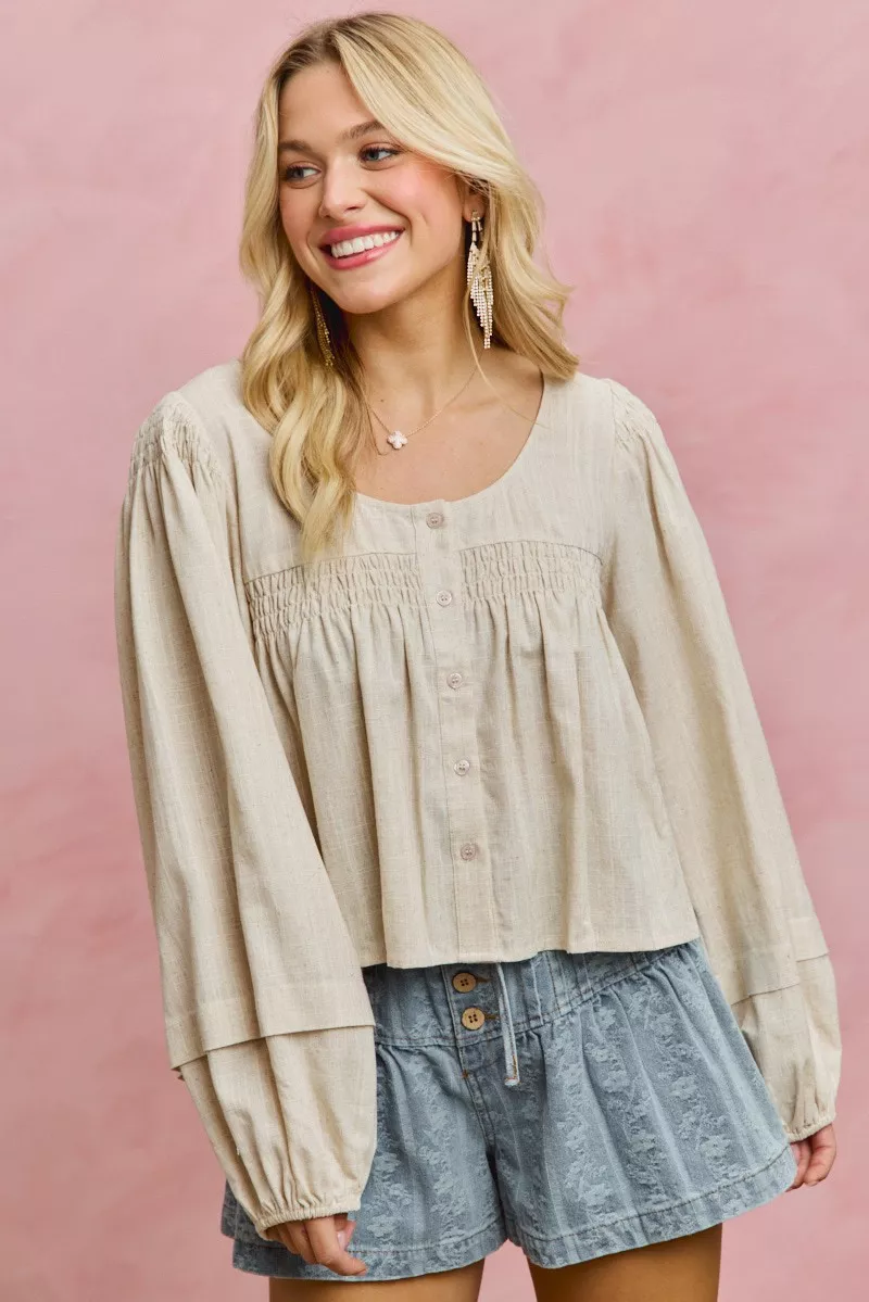 Linen Blend Woven Long Sleeve With Smocking Top, image 10