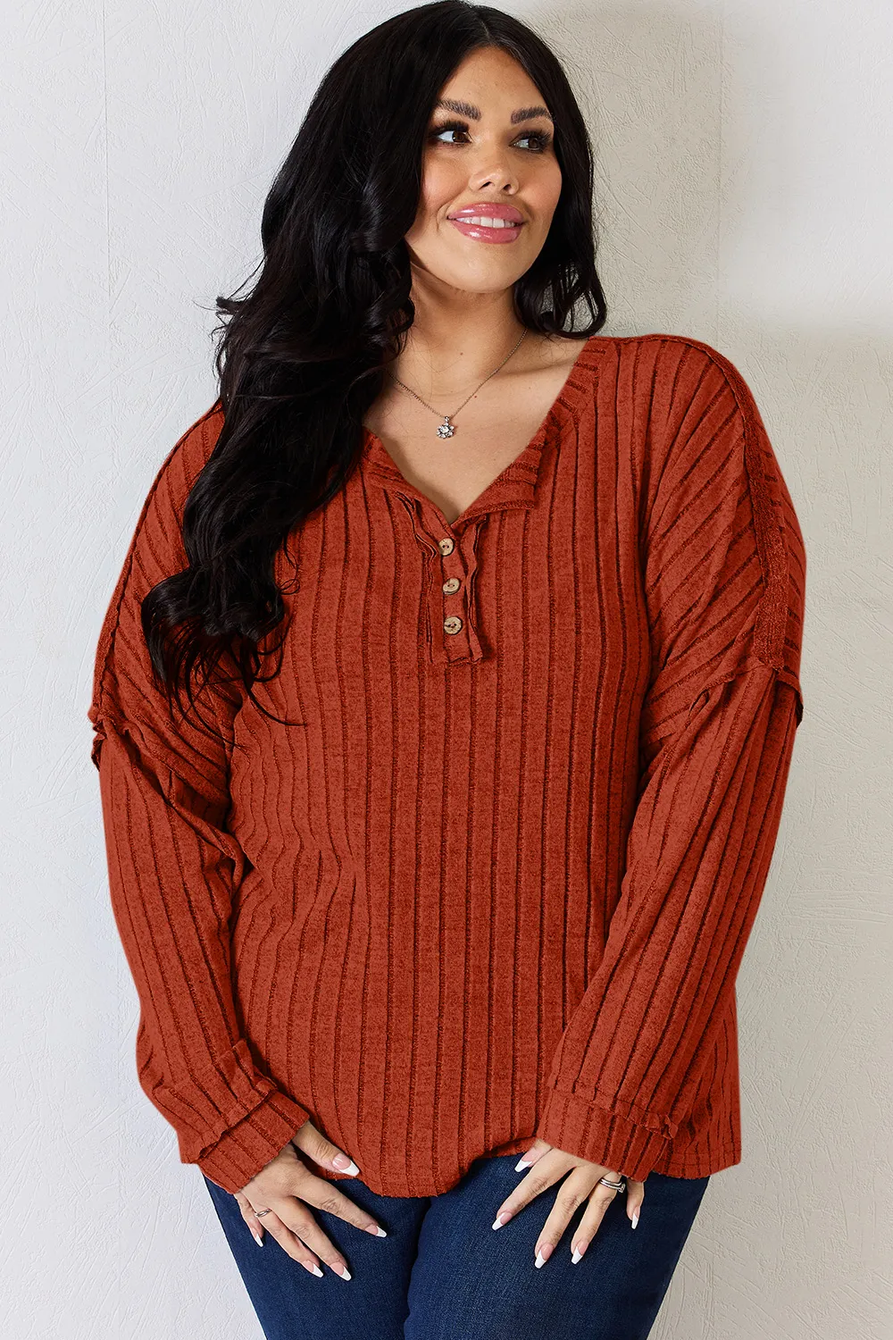 Full Size Ribbed Half Button Long Sleeve T-Shirt, image 12