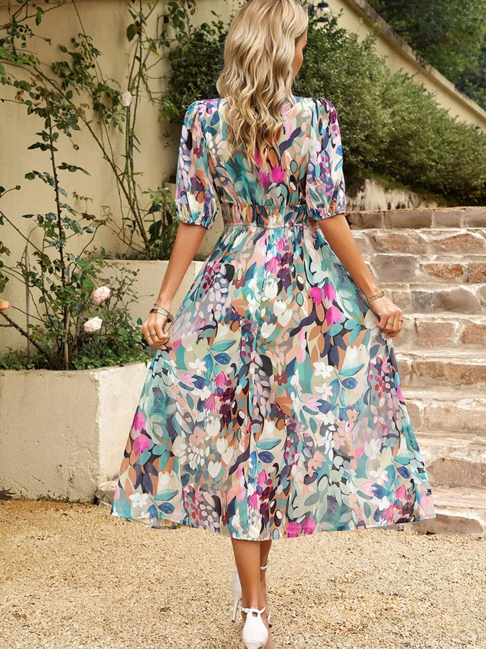 Printed Puff Sleeve Midi Dress, image 6