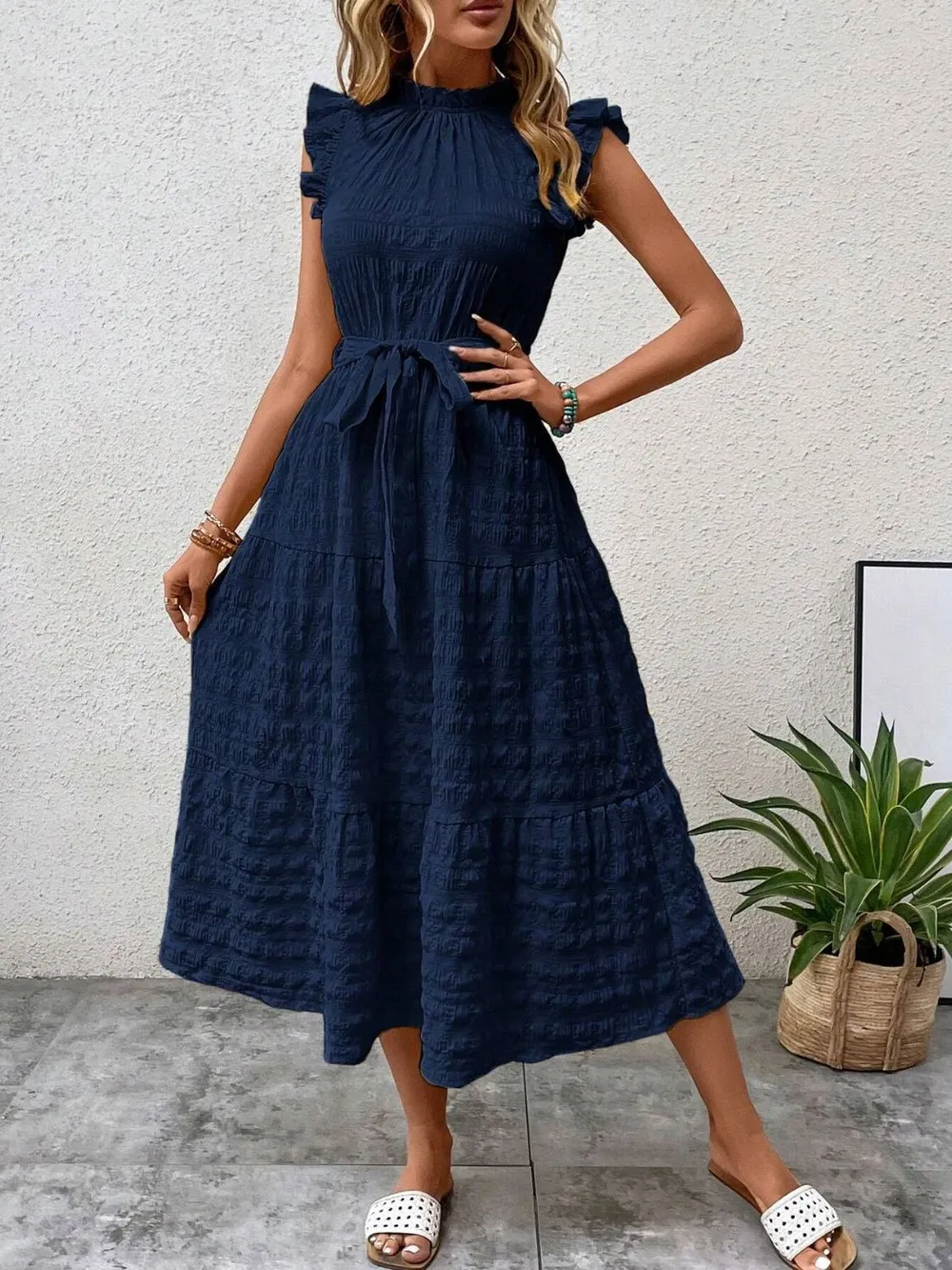 Tied Ruffled Cap Sleeve Midi Dress, image 15