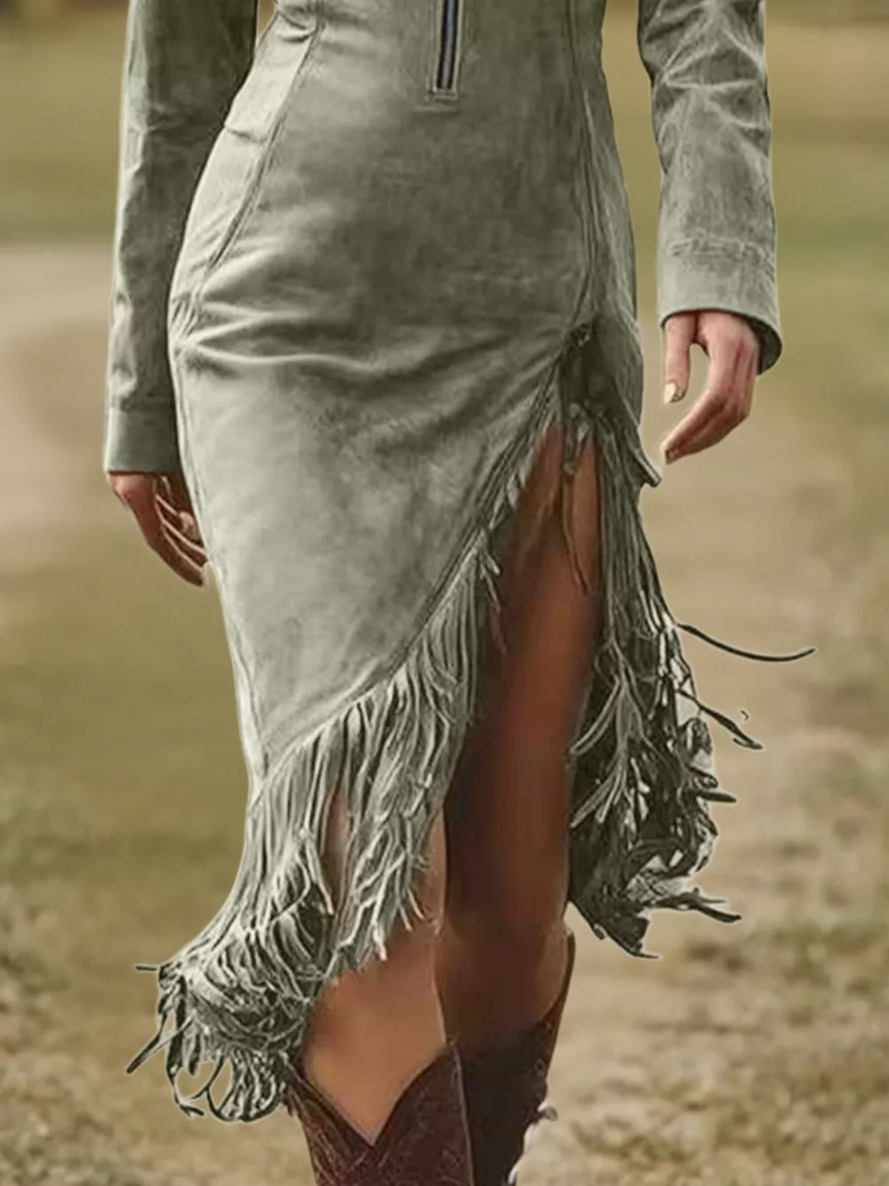 Full Size Fringe Hem Zip Front Bodycon Dress Plus Size, image 7