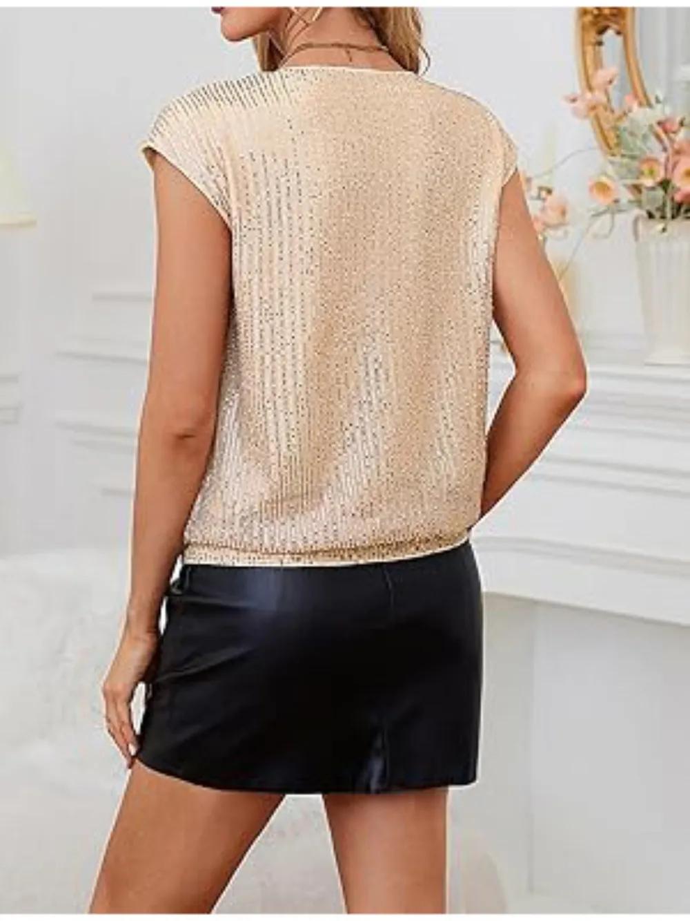 V-Neck Sequin Cap Sleeve Top, image 5