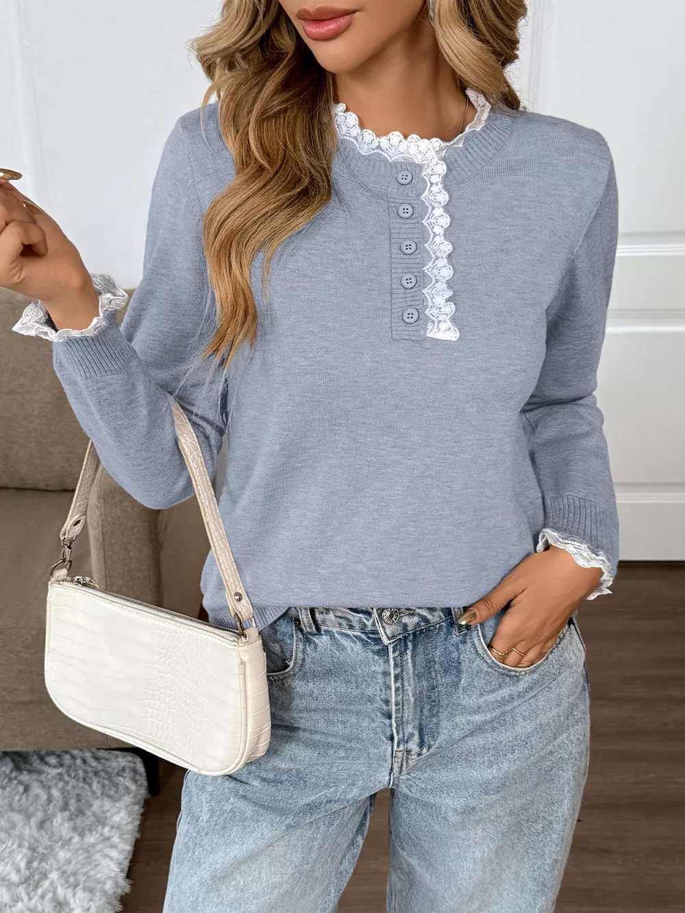 Lace Trim Button Detail Sweater, image 25