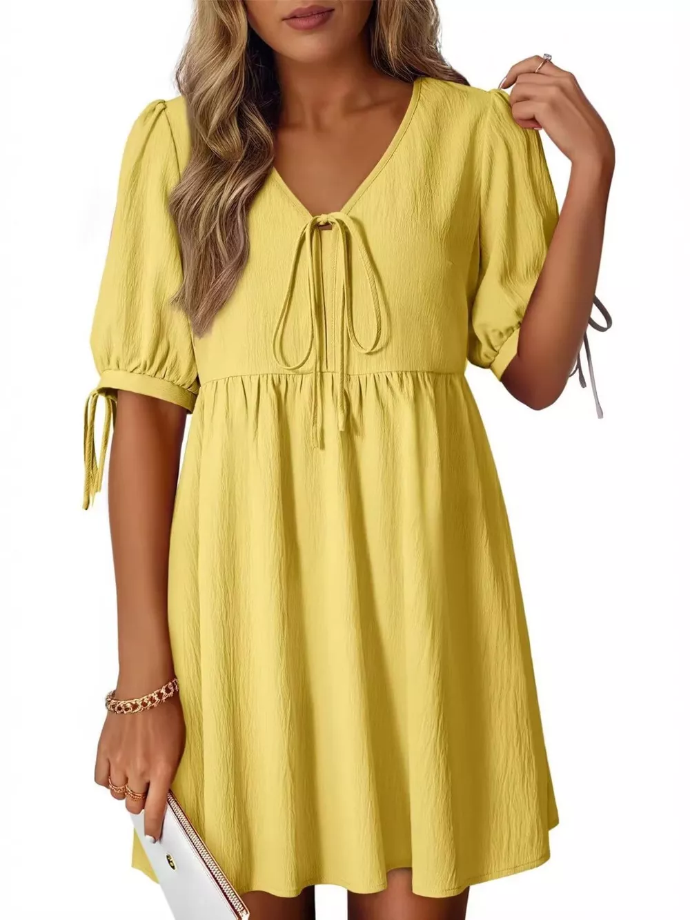 Tie-Neck Puff Sleeve A-Line Mini Dress, image 12