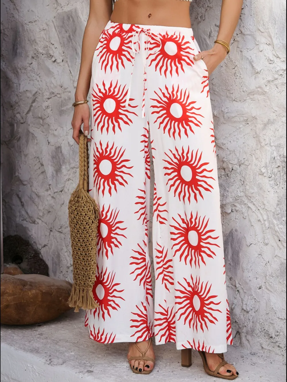 Drawstring Printed Wide Leg Pants, image 26