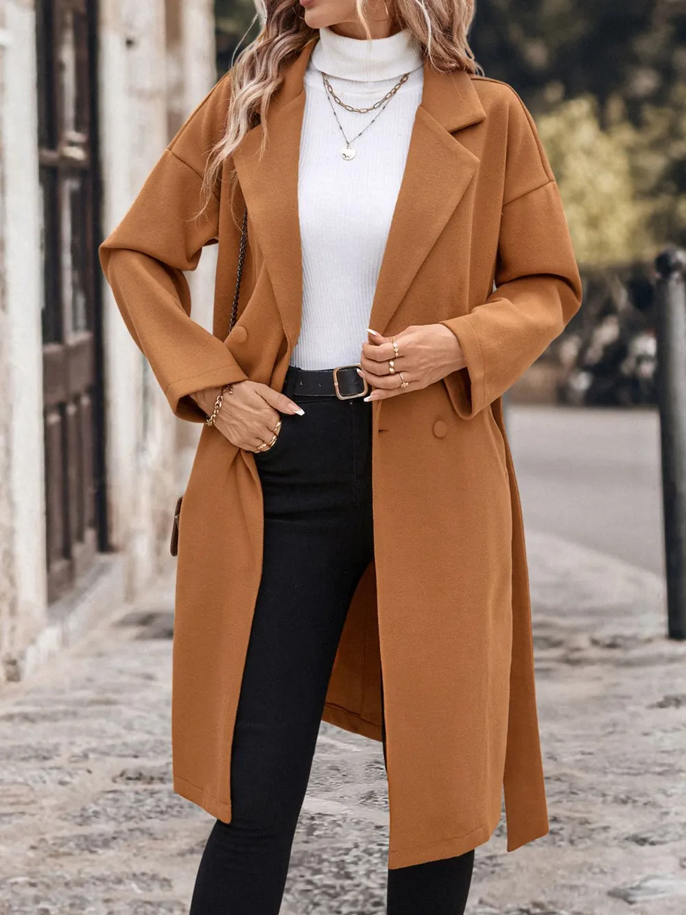 Dropped Shoulder Tie Waist Coat, image 3