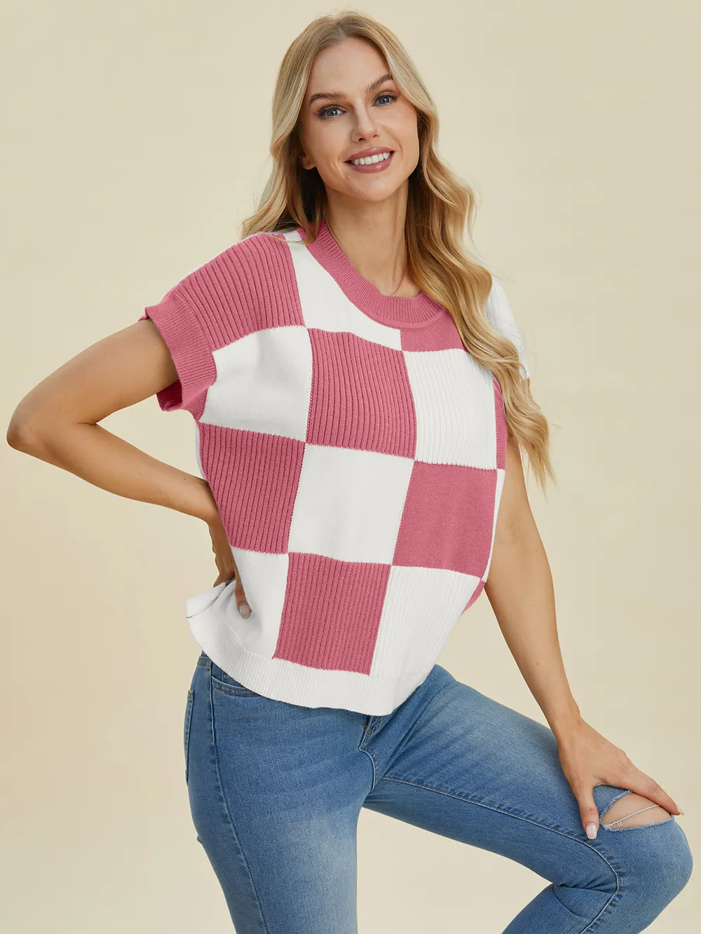 Full Size Checkered Round Neck Short Sleeve Sweater, image 14