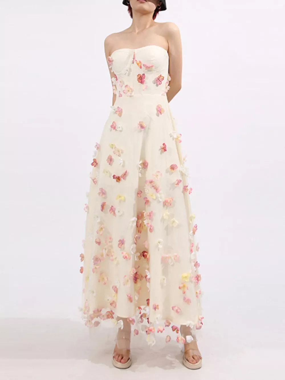 Floral Applique Strapless Tulle Maxi Dress, image 10
