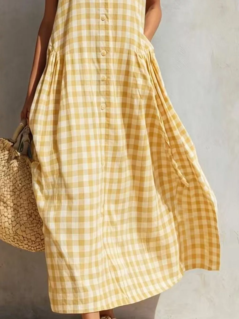 Full Size Sleeveless Gingham Button-Down Midi Dress Plus Size, image 6