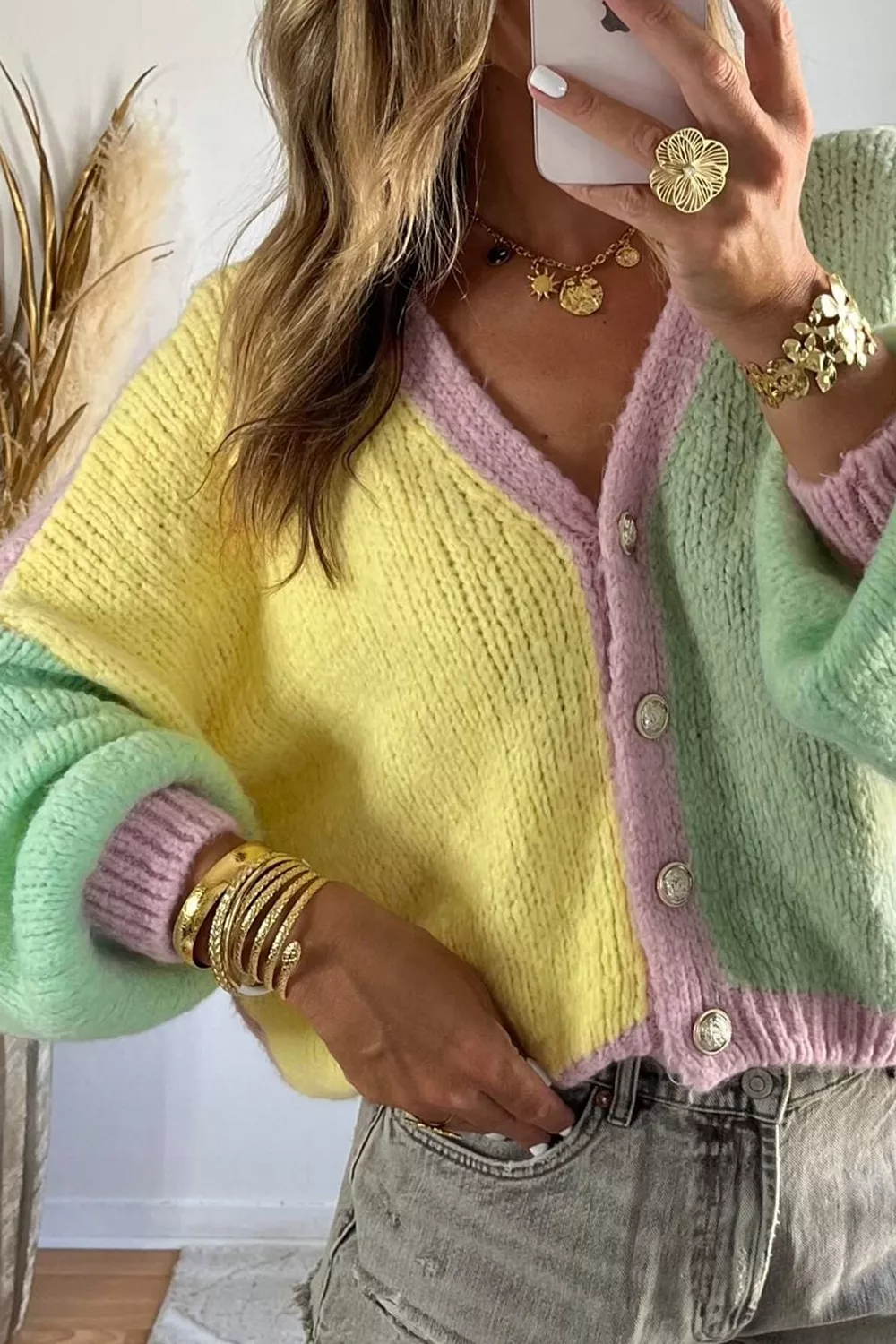 V Neck Drop Shoulder Patchwork Regular Wash Knitwear Cardigan, image 4