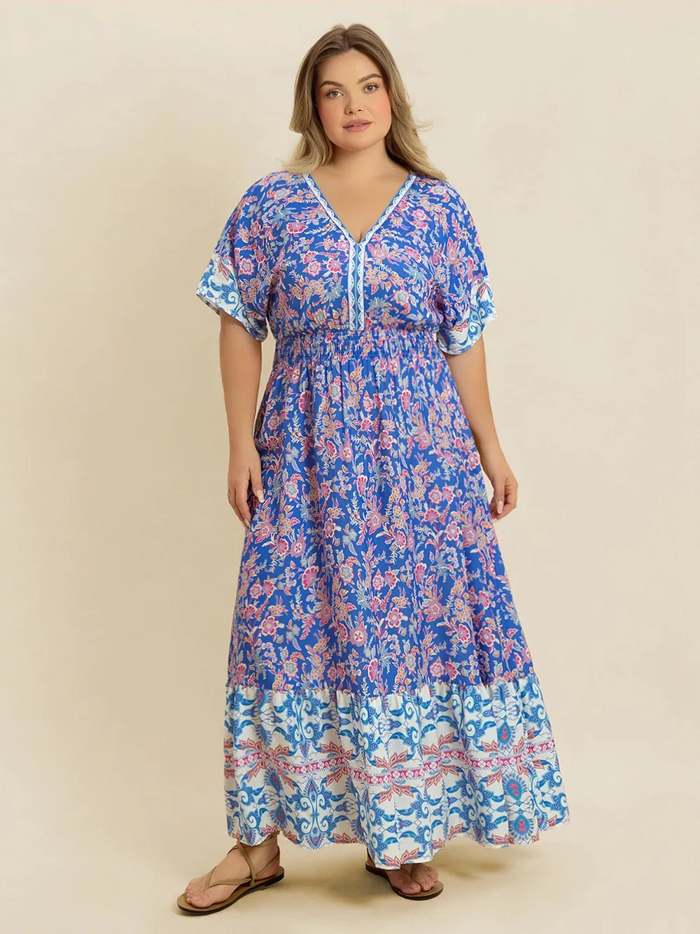 Plus Size Smocked Printed Half Sleeve Midi Dress, image 2