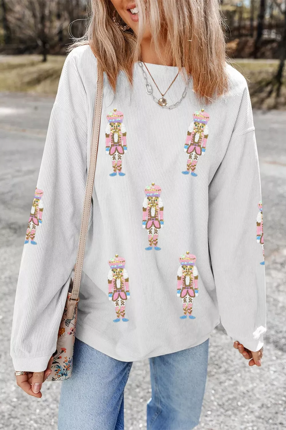 Full Size Corded Rib Sequin Patched Nutcracker Graphic Drop Shoulder Sweatshirt Plus Size, image 2