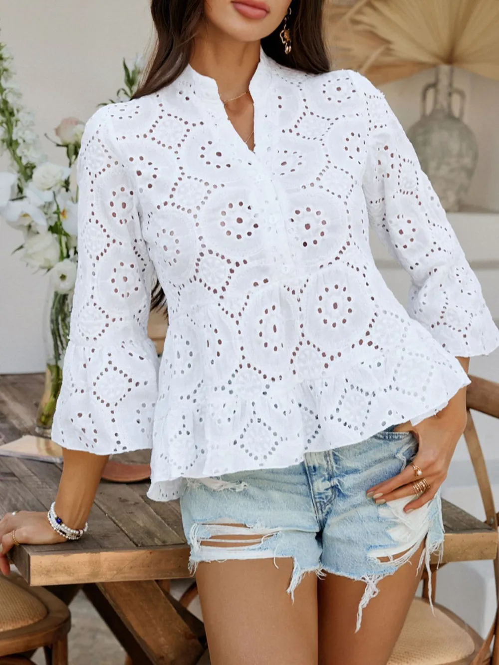 Half Button Flounce Sleeve Peplum Blouse, image 14