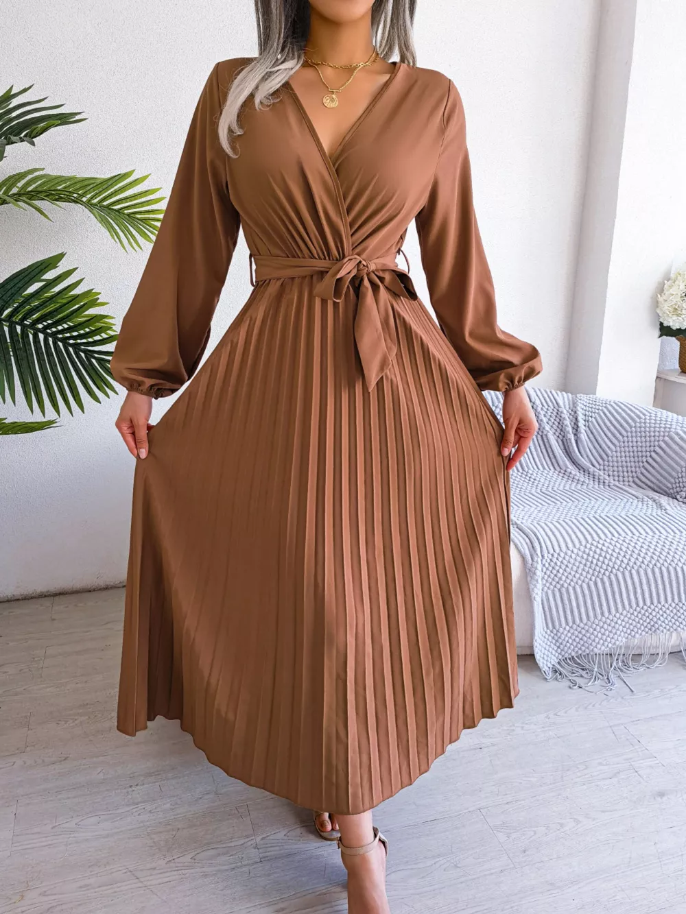 Elegant Pleated Front Tie Long Sleeve Dress, image 5