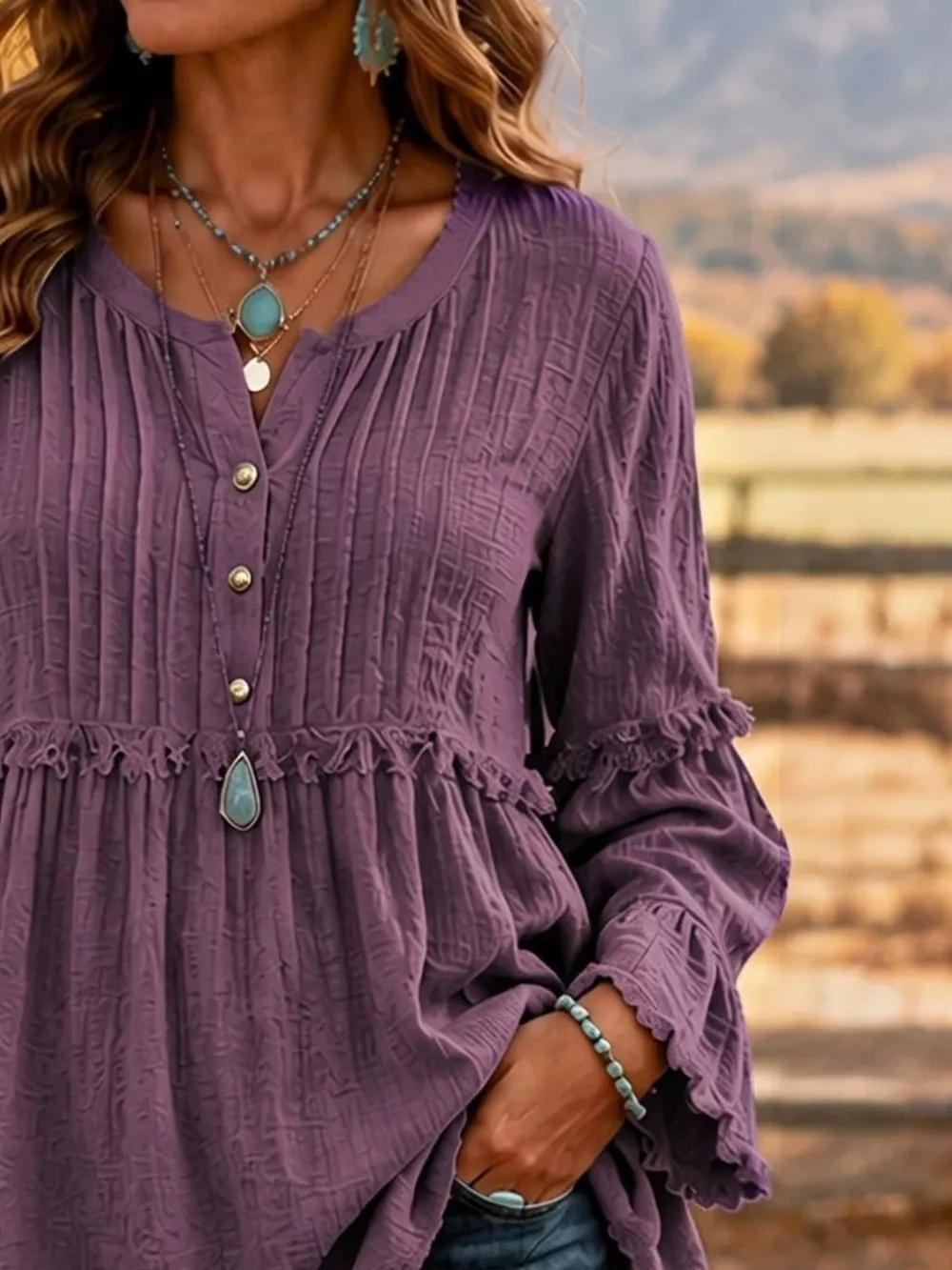 Full Size Fringe Trim Ruffle Sleeve Blouse Plus Size