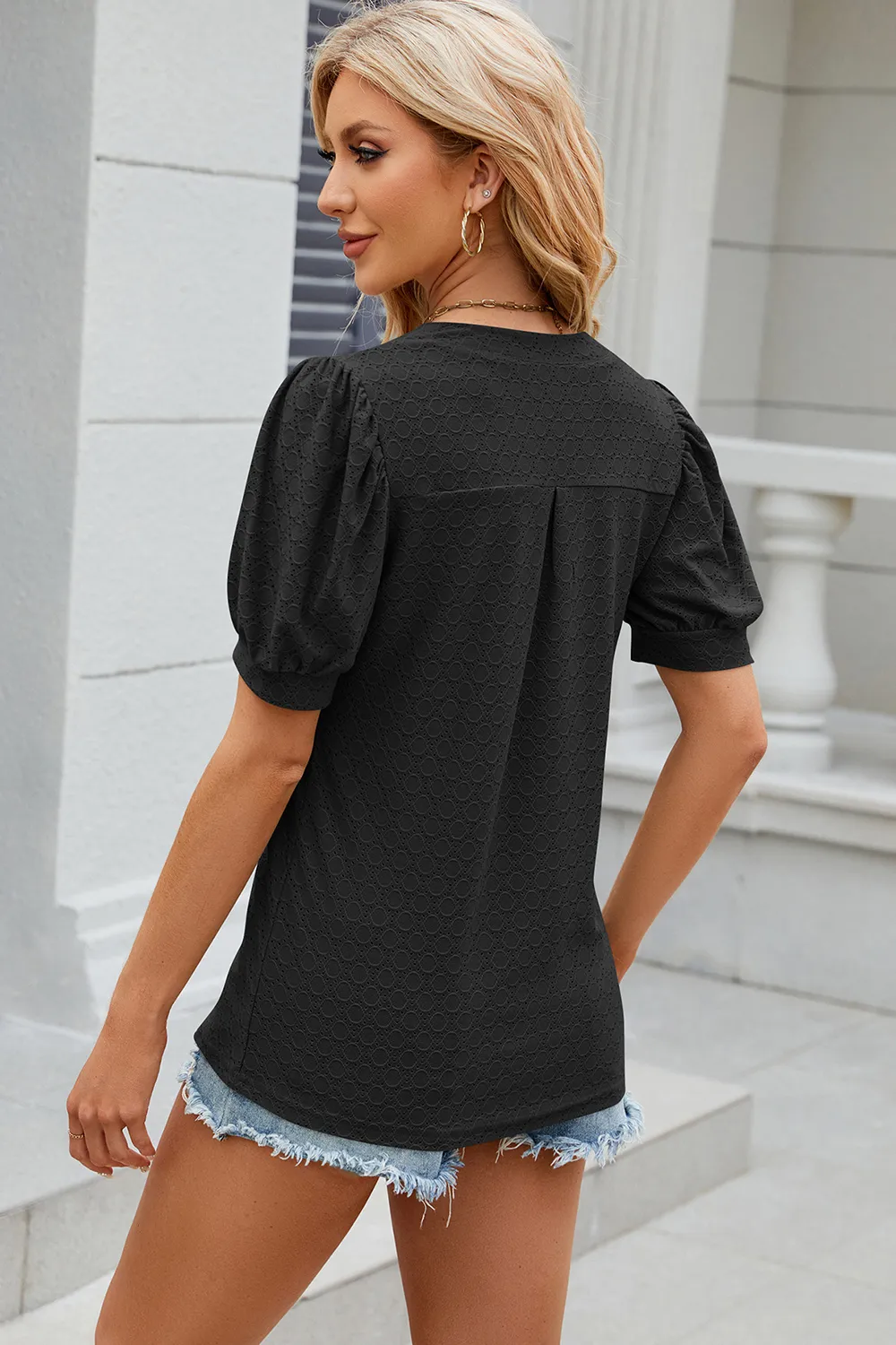 Eyelet Notched Puff Sleeve T-Shirt, image 2