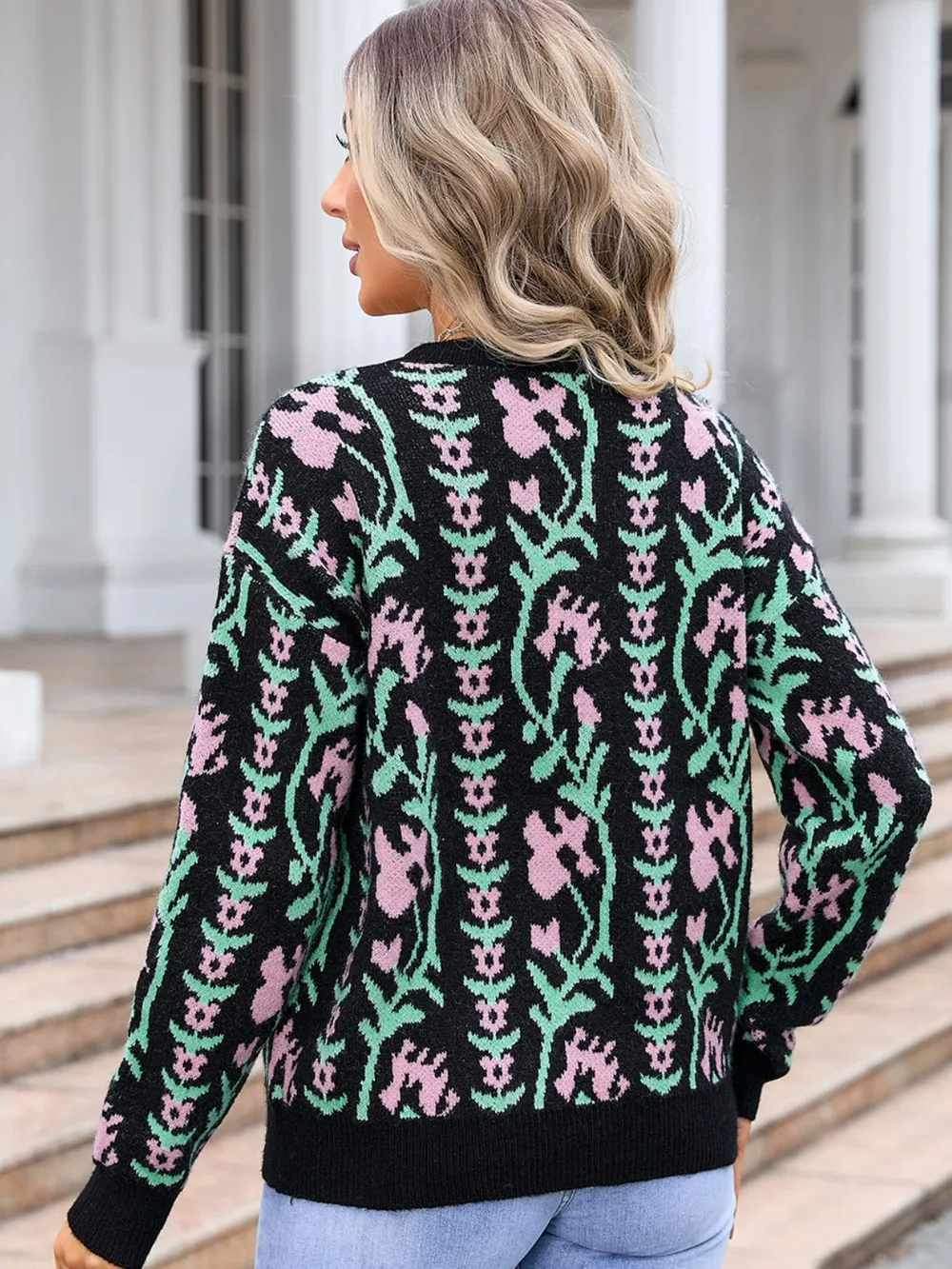 Flower Round Neck Long Sleeve Sweater, image 7