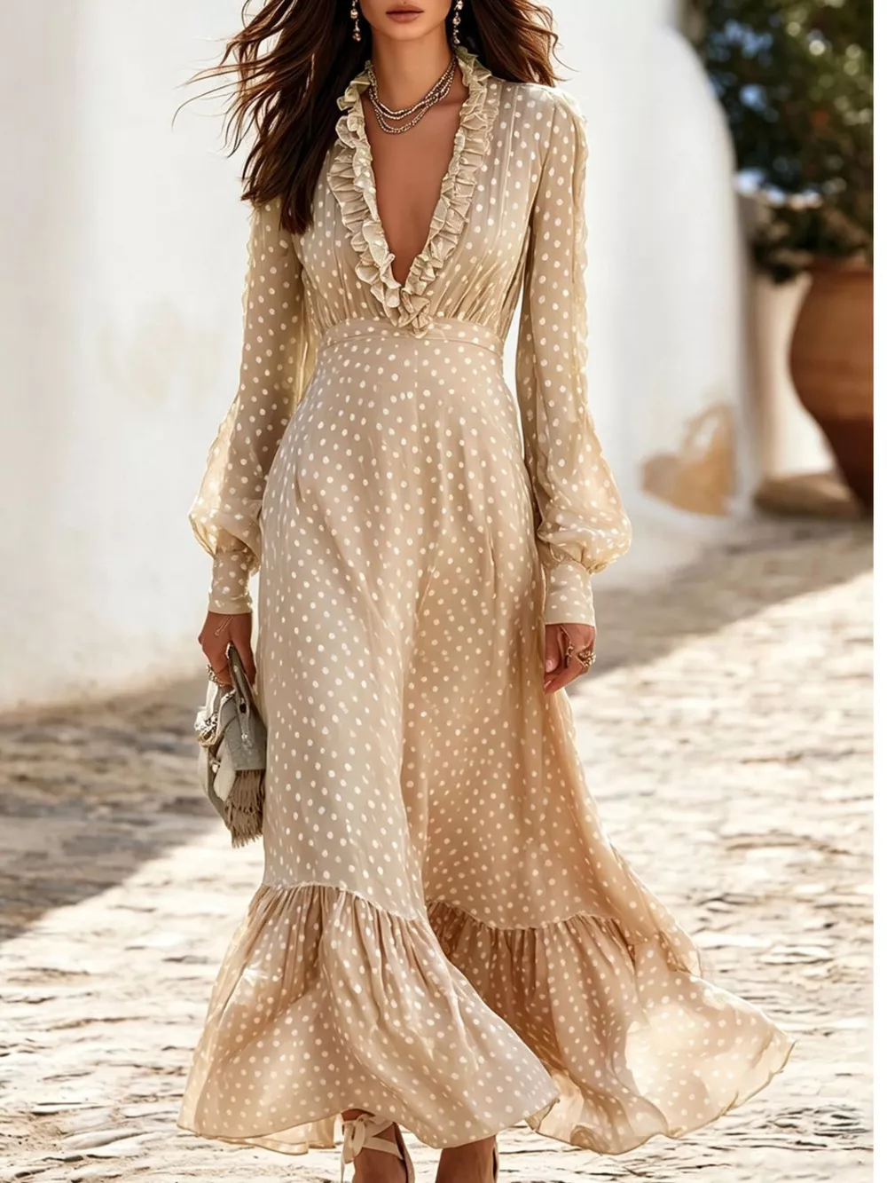 Full Size Polka Dot Ruffle V-Neck Maxi Dress Plus Size, image 10