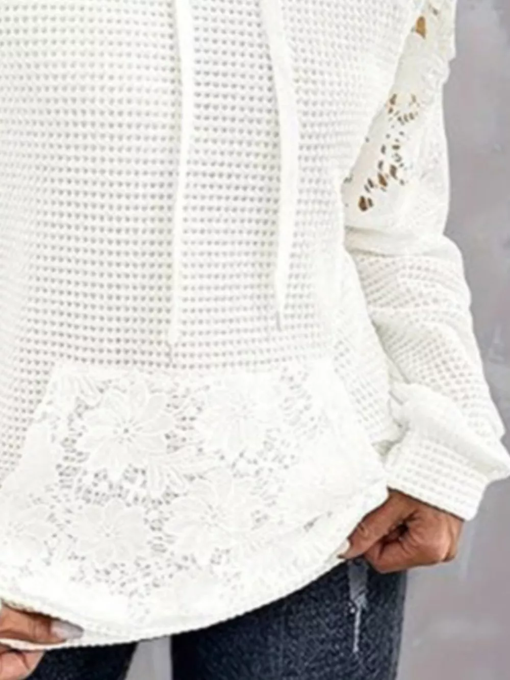 Full Size Lace Trim Waffle Knit Hoodie Plus Size, image 2