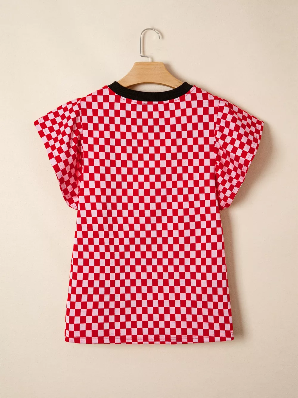 Checkered Print Ruffle Cap Sleeve Contrast Trim Round Neck Top, image 5