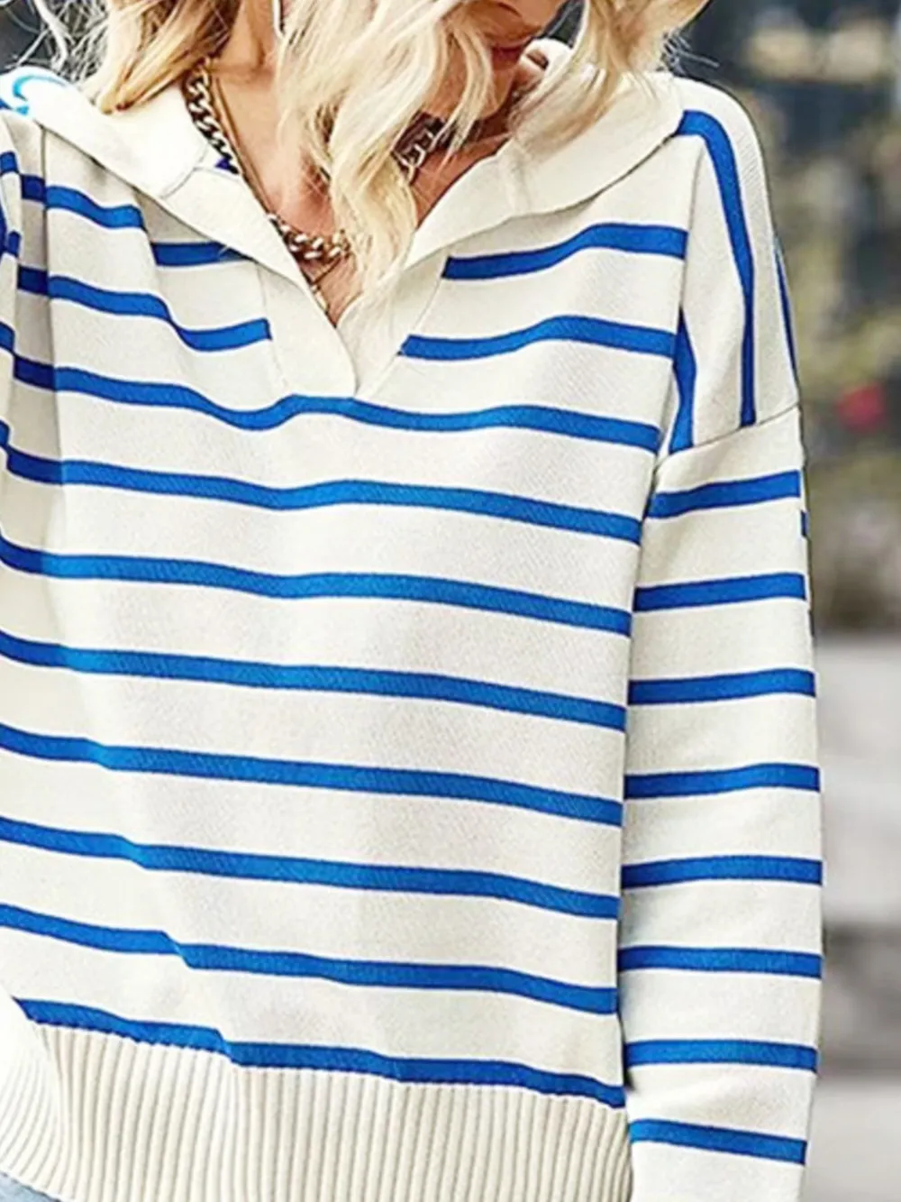 Ribbed Hem Long Sleeve Striped Sweater, image 2