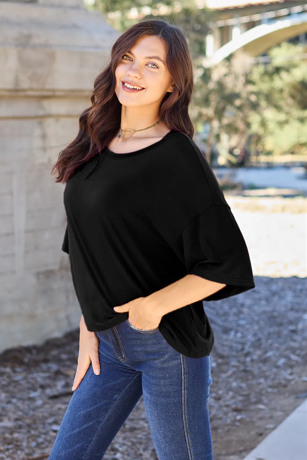 Bamboo Full Size Round Neck Drop Shoulder T-Shirt, image 10