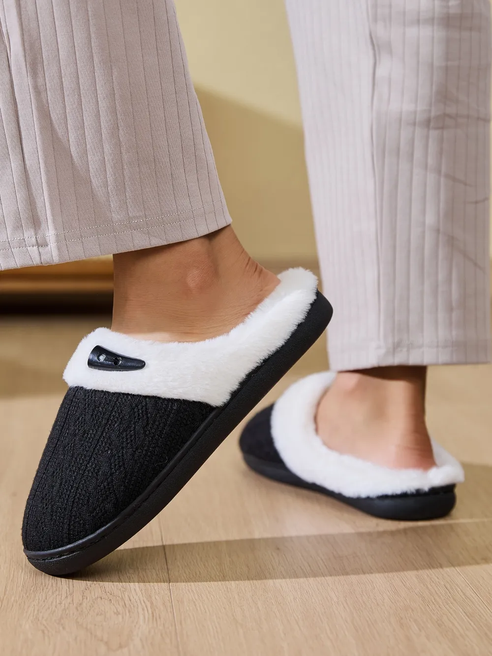 Horn Buckle Furry Texture Flat Slippers, image 13