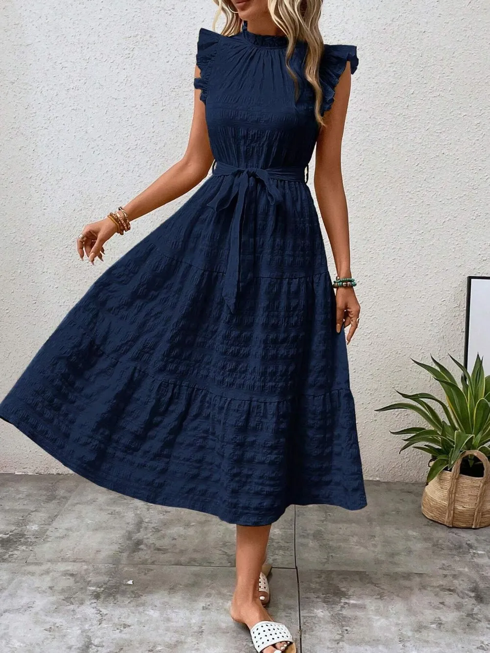 Tied Ruffled Cap Sleeve Midi Dress, image 16