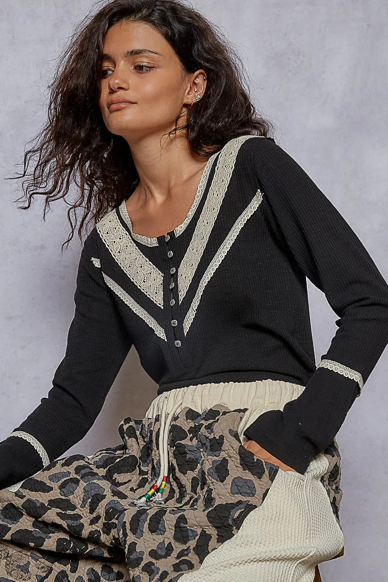 Ribbed Half Button Lace Detail Knit Top, image 3