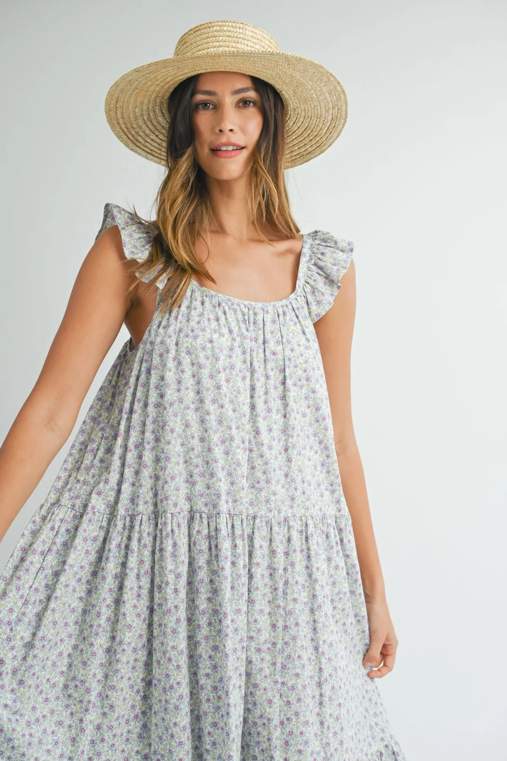Floral Ruffle Shoulder Tiered Midi Dress, image 3