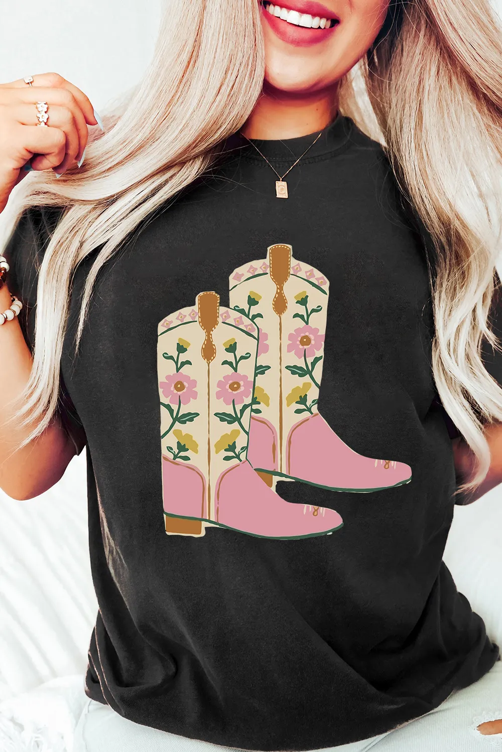 Floral Cowgirl Boots Graphic T-Shirt, image 3