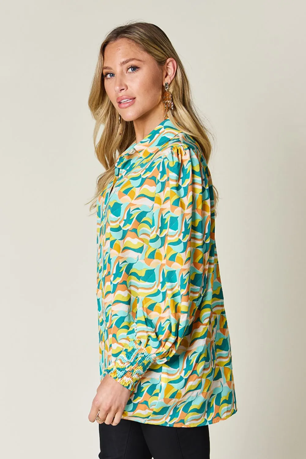 Full Size Printed Smocked Long Sleeve Blouse, image 6