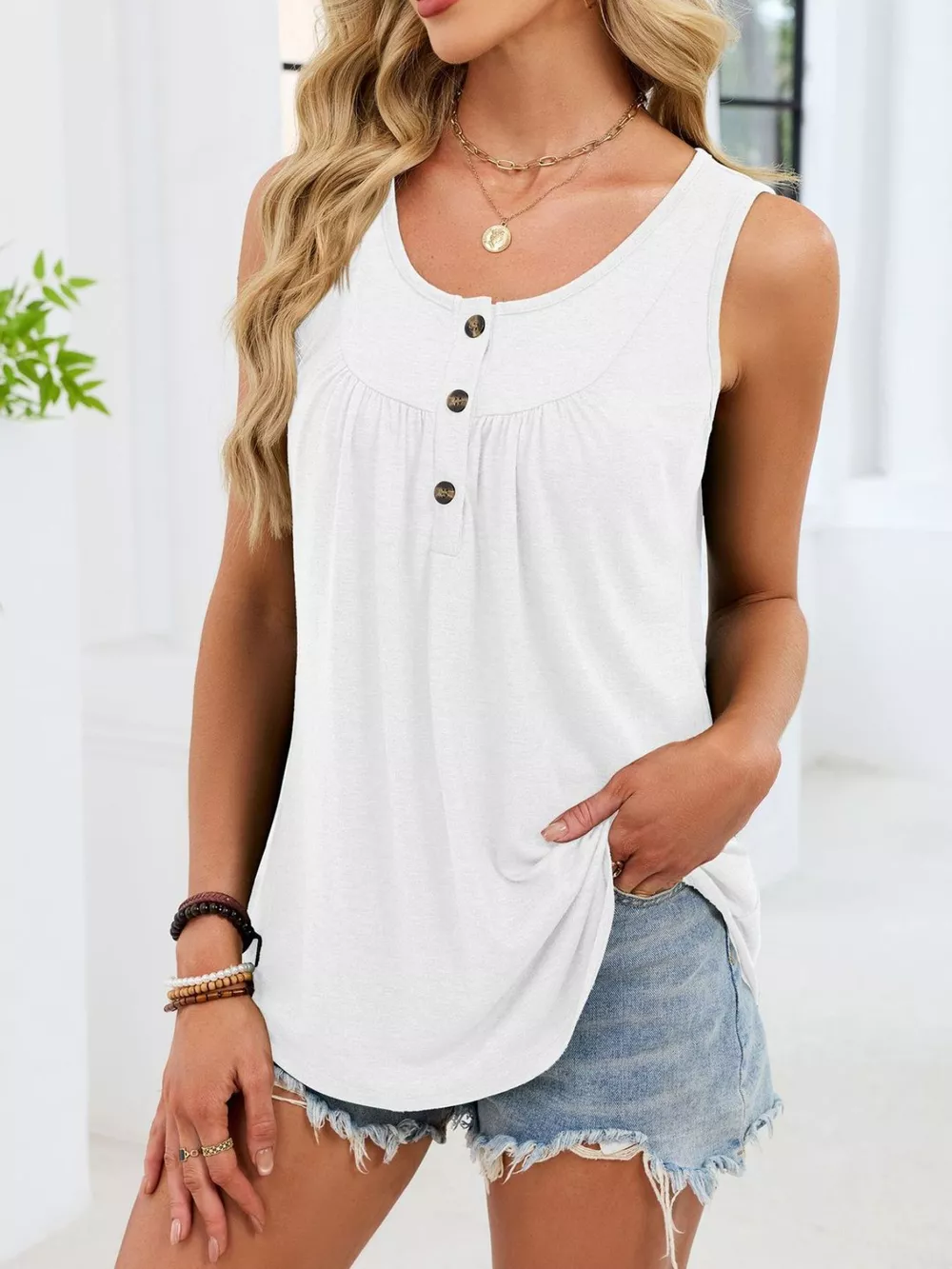 Button Detail Round Neck Tank, image 7