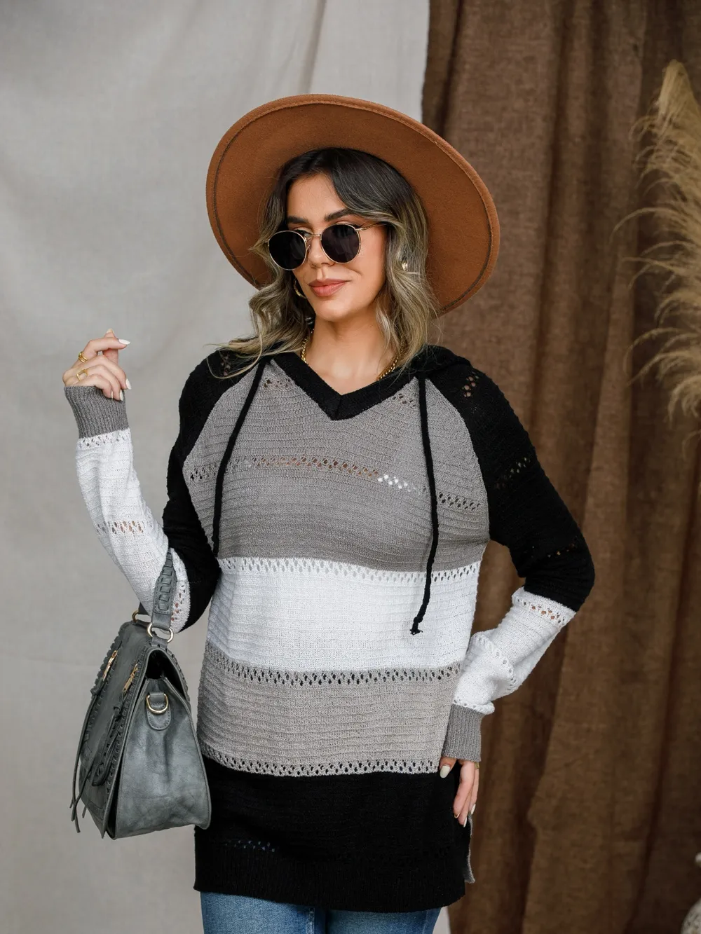 Eyelet Color Block Hooded Sweater, image 4