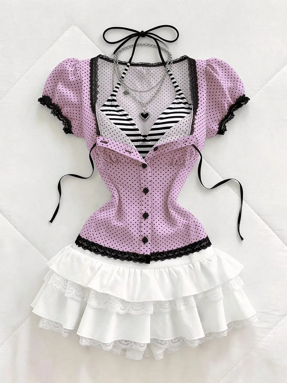 Polka Dot Lace Trim Puff Sleeve Top, image 16