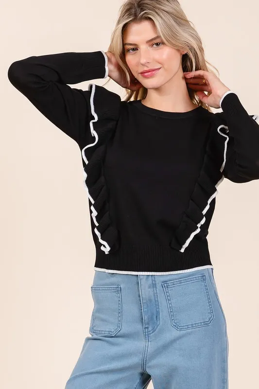 Contrast Trim Ruffled Round Neck Knit Top, image 3