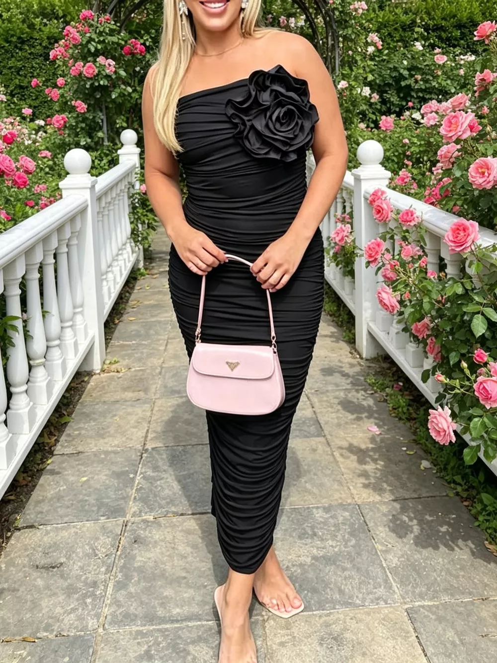 Flower Ruched Tube Bodycon Midi Dress, image 6