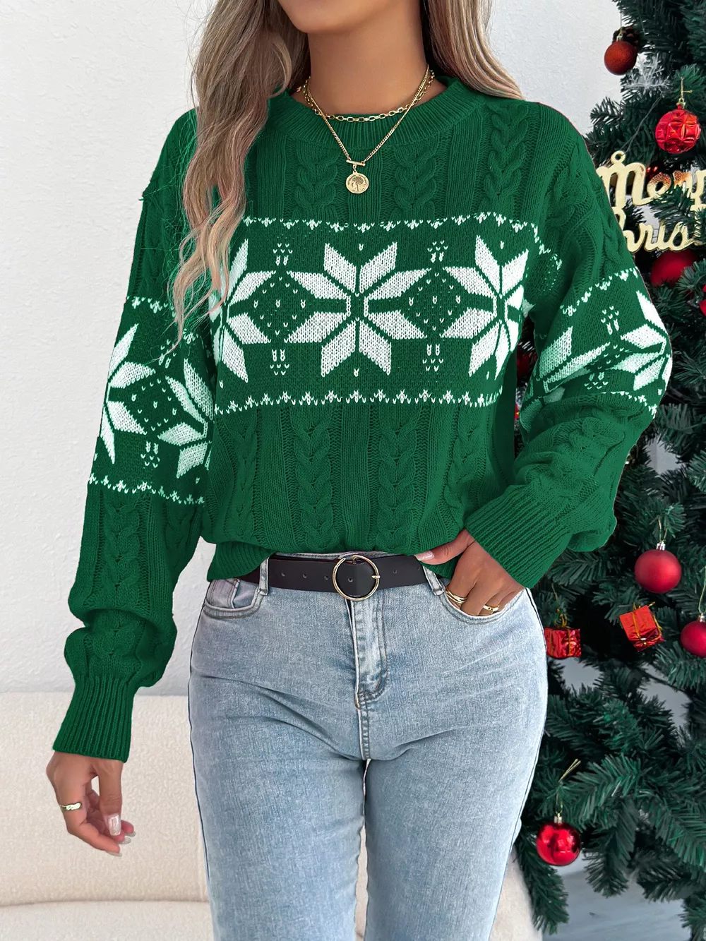 Christmas Snowflake Cable Knit Sweater, image 4