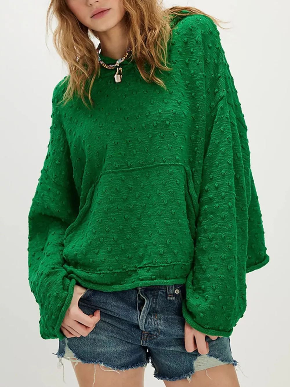 Textured Dot Knit Long Sleeve Hooded Sweater, image 3