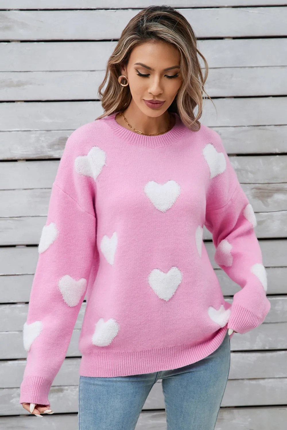 Heart Round Neck Long Sleeve Sweater, image 5